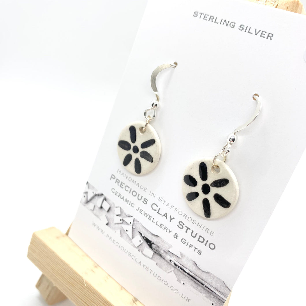 Black Flower Earrings - Sterling Silver