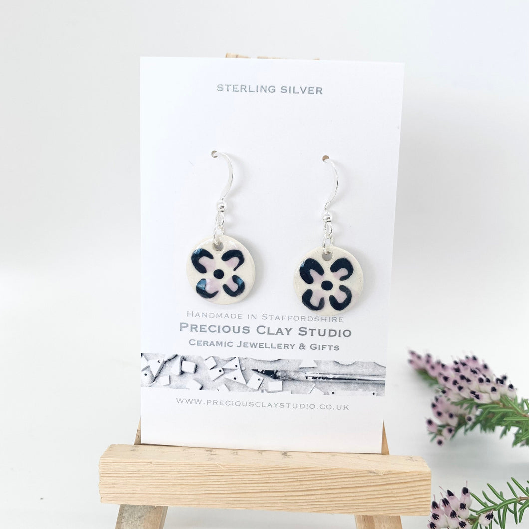 Black/Lilac Flower Earrings - Sterling Silver