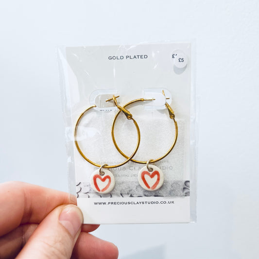 Red heart hoop earrings- gold plated