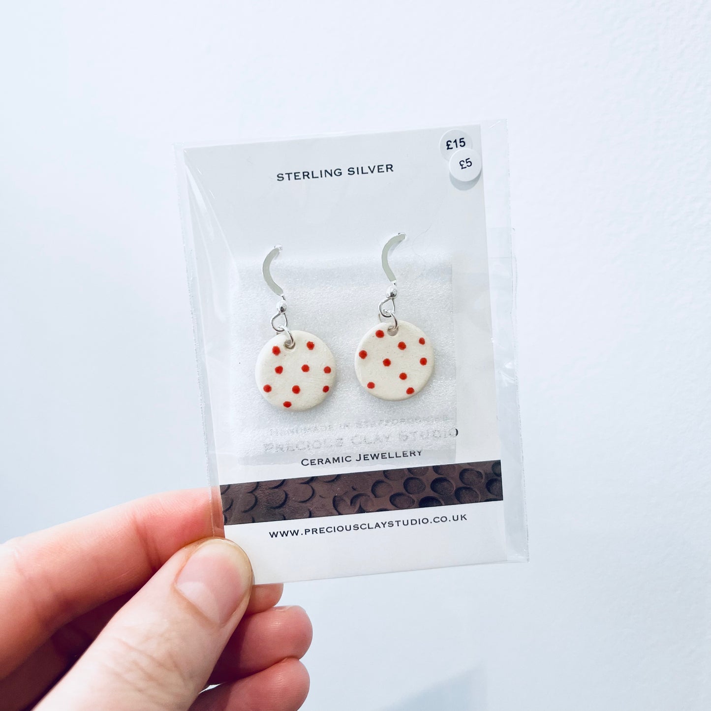 Red dot circle earrings- sterling silver
