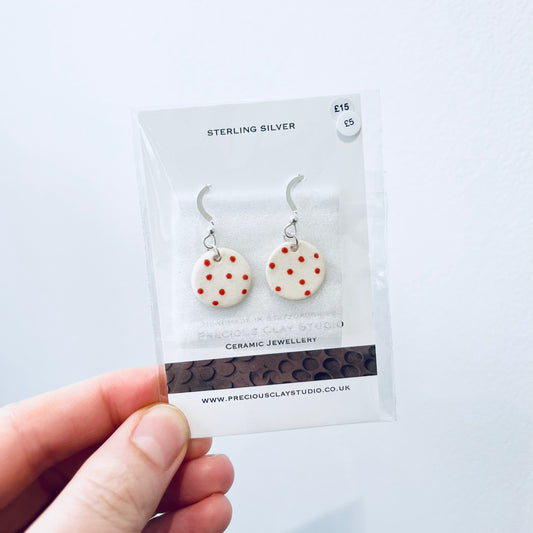 Red dot circle earrings- sterling silver