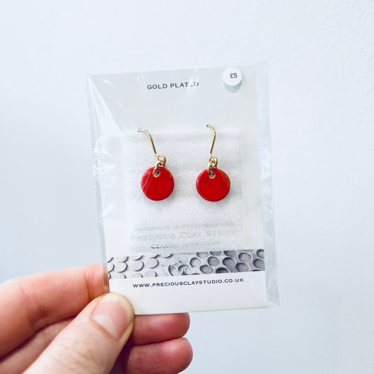 Red mini circle earrings- gold plated