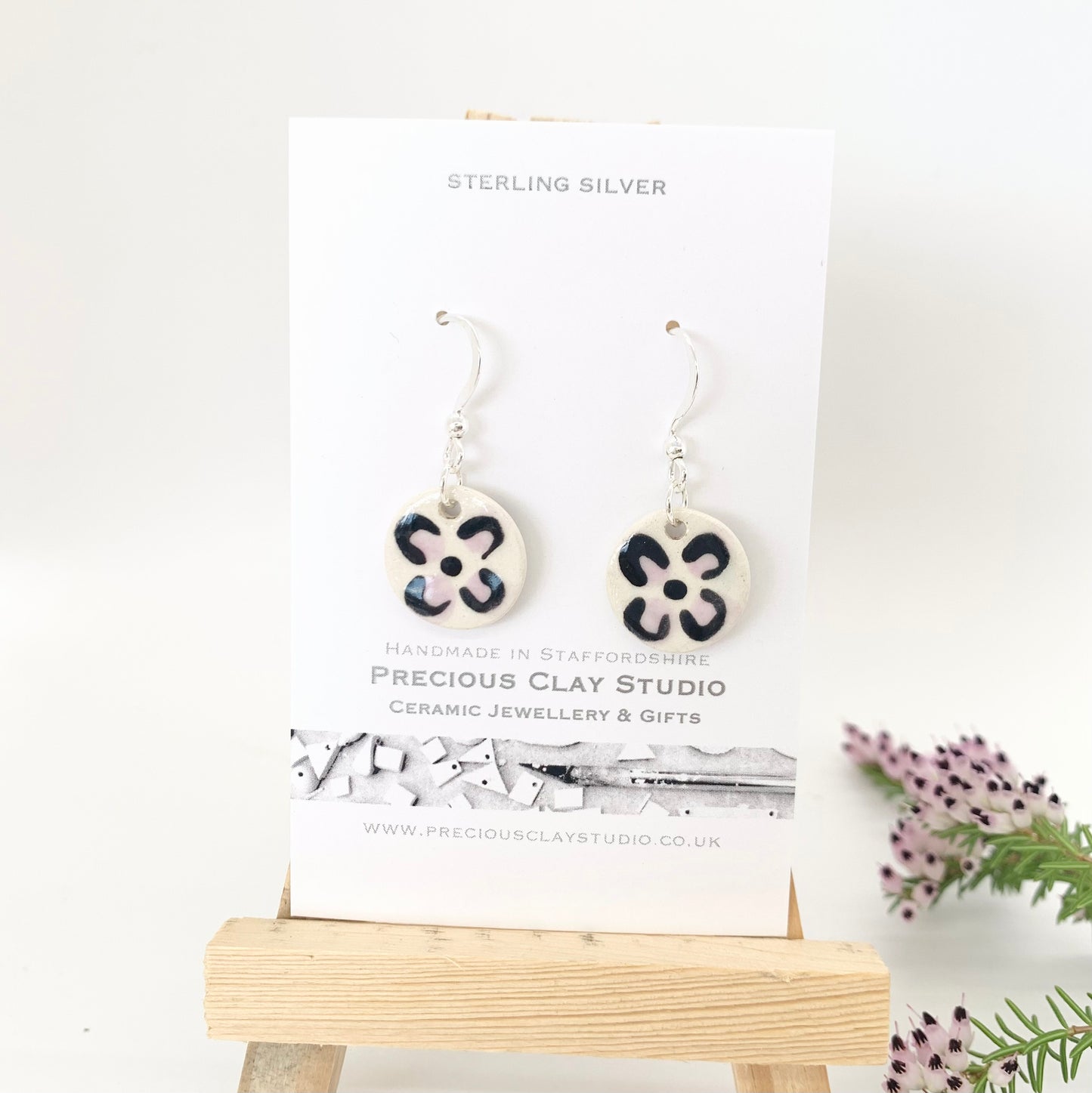 Black purple flower circle earrings- sterling silver