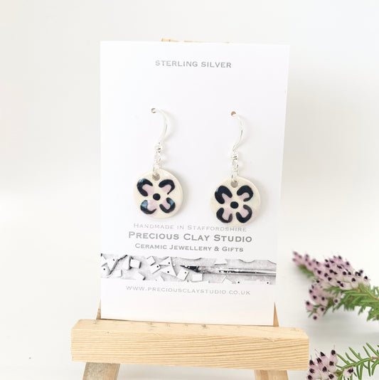 Black purple flower circle earrings- sterling silver