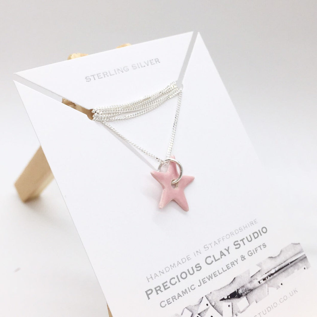 Star Necklace, Pink- 18 Inch Sterling Silver