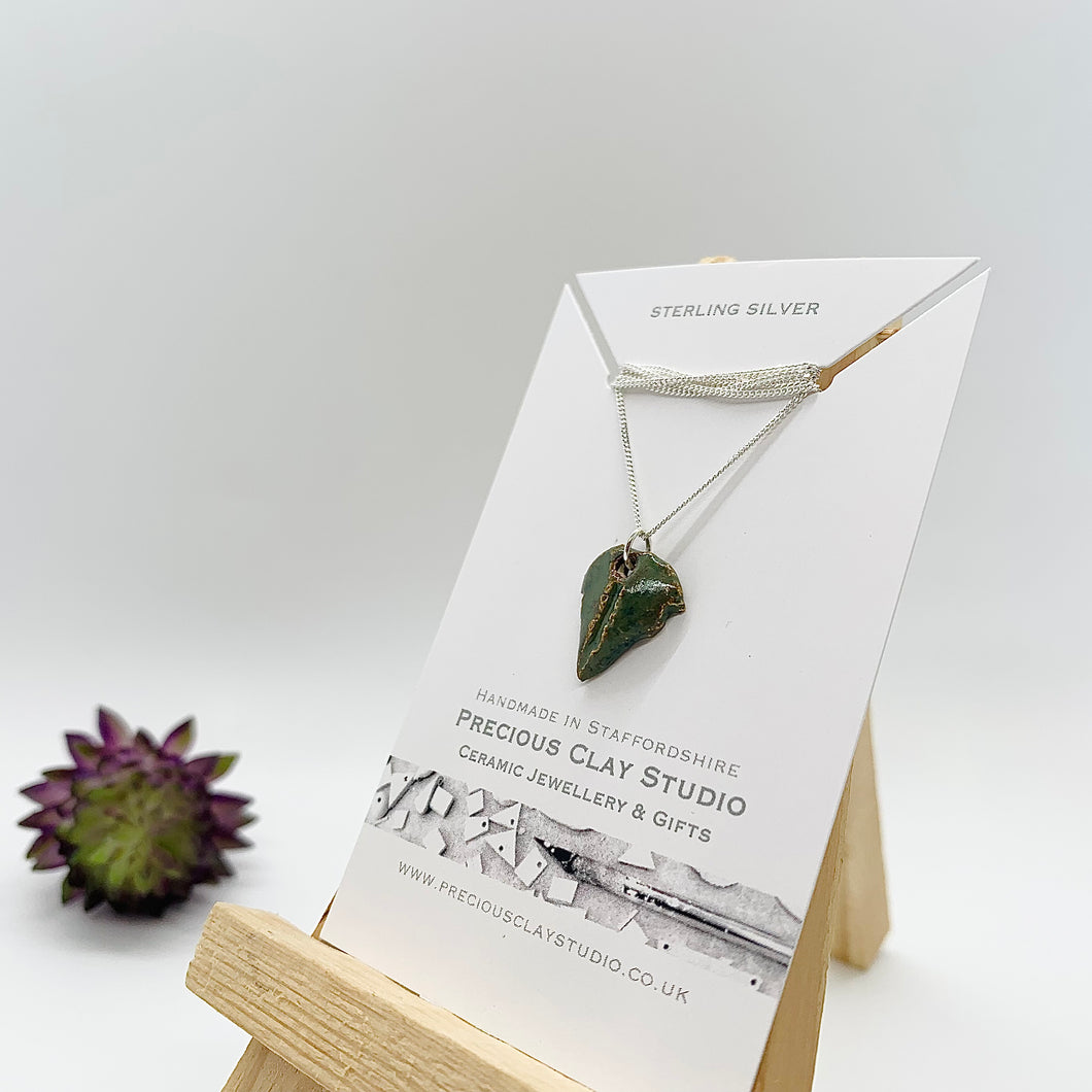 Deep Green Leaf Necklace - Sterling Silver